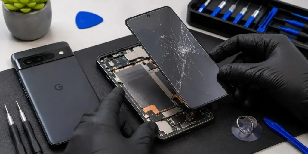 Technician replacing a cracked Android phone screen at iCrack Merthyr Tydfil.