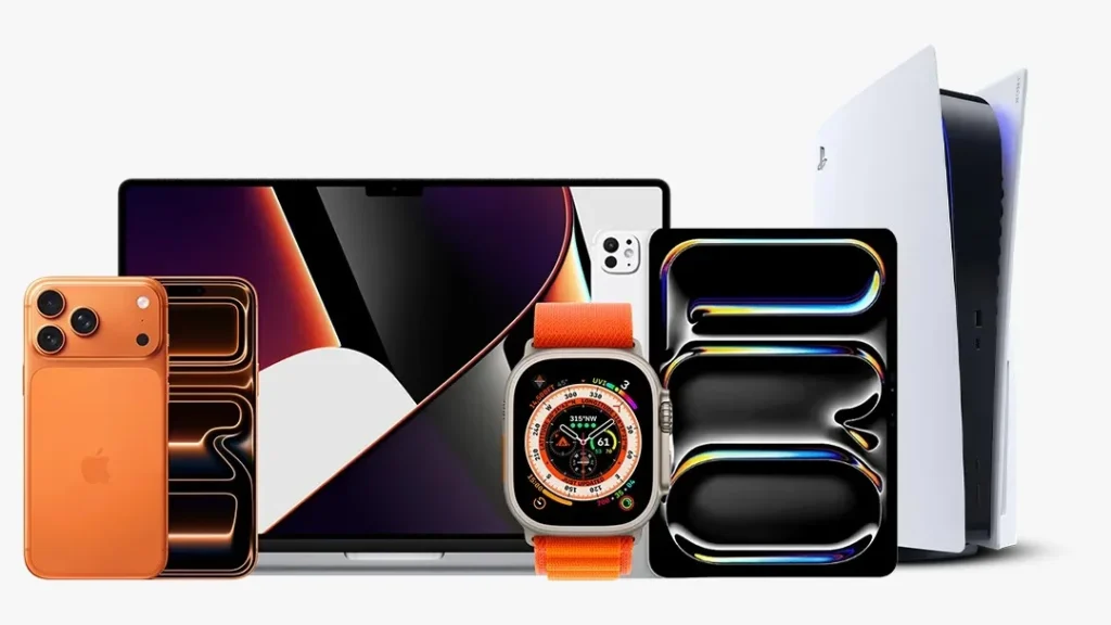 iPhone, iPad, MacBook, Apple Watch and PlayStation 5 devices representing professional electronics repair services.