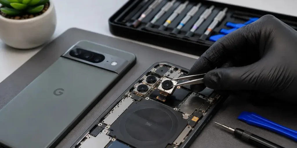 Technician replacing the rear camera module of a Google Pixel phone in Merthyr Tydfil