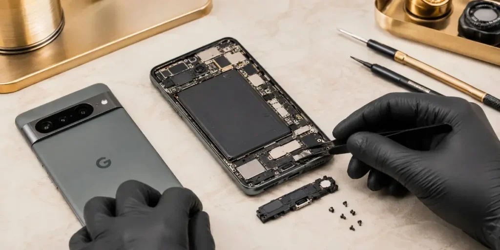 Technician repairing the speaker and microphone components of a Google Pixel phone at iCrack Merthyr Tydfil.