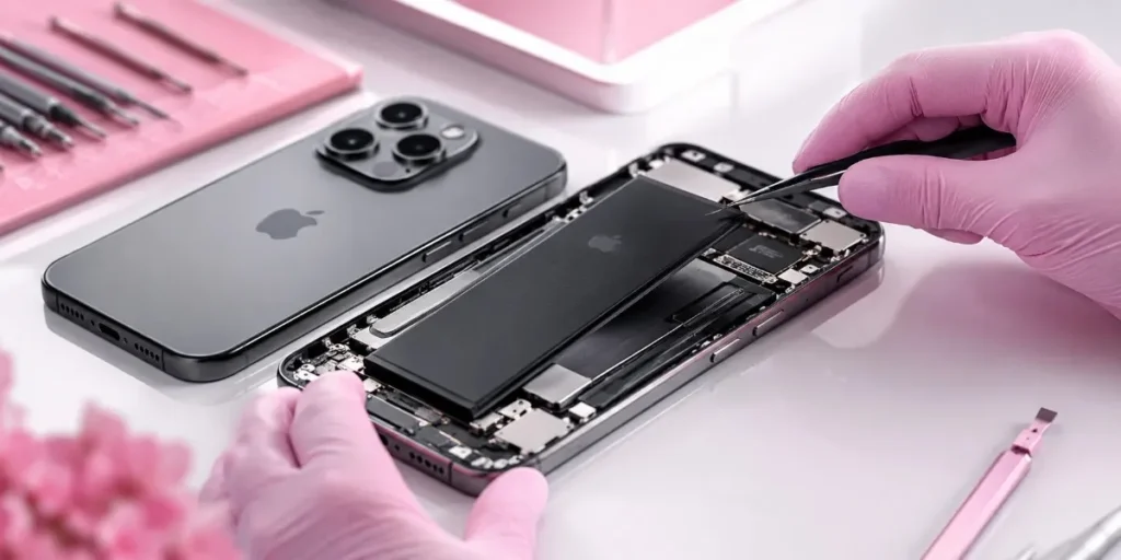 Technician replacing the battery in an iPhone 17 Pro Max at iCrack Merthyr Tydfil.