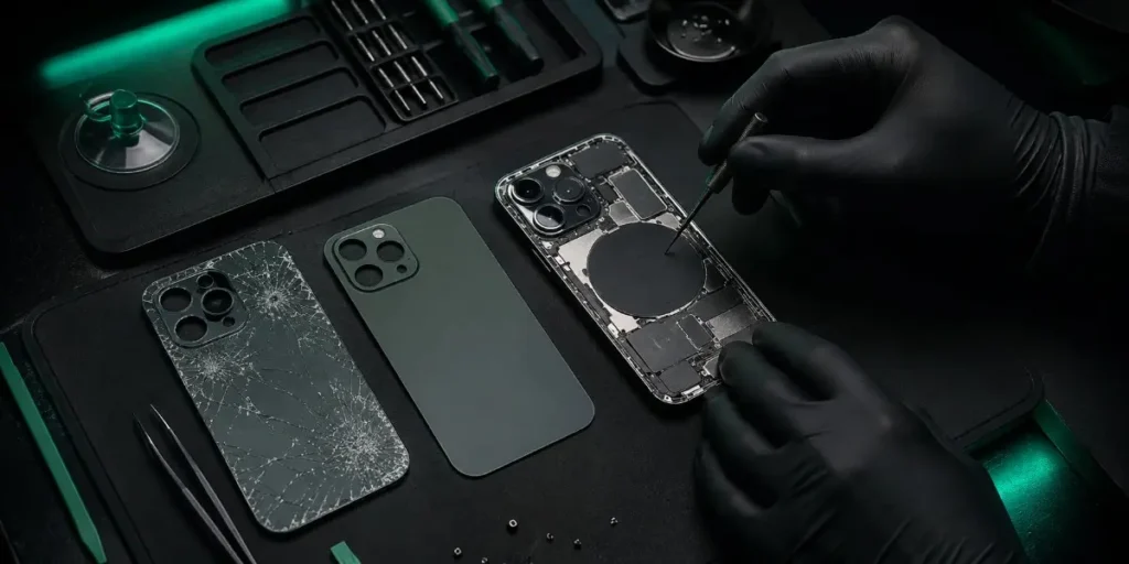 Technician replacing cracked iPhone back glass in Merthyr Tydfil using professional repair tools