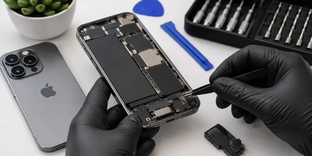 Technician repairing the speaker and microphone components of a latest-model iPhone in Merthyr Tydfil