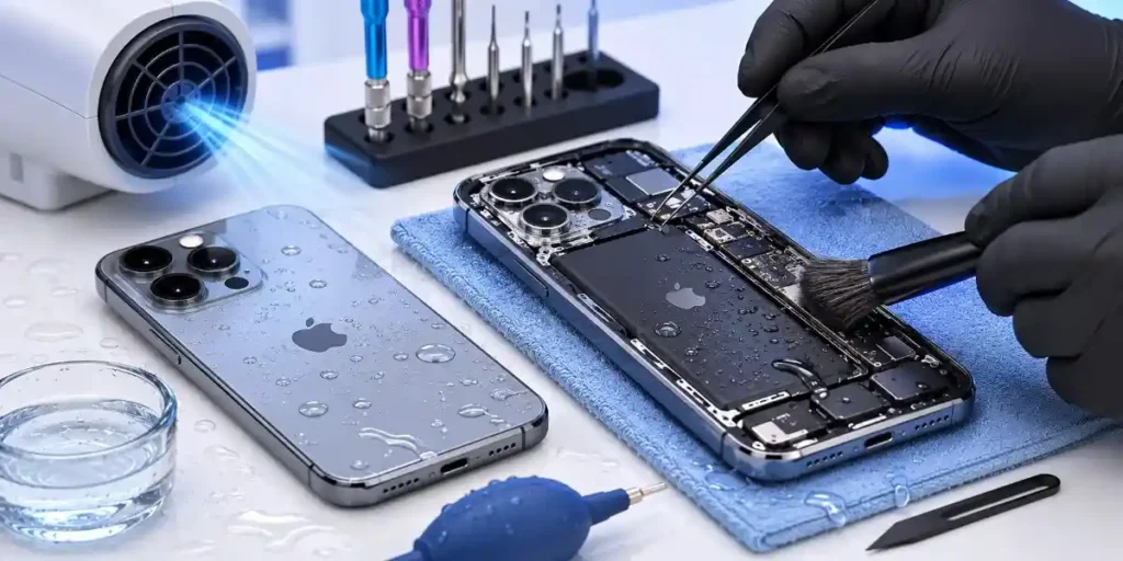 Technician cleaning and repairing a water-damaged iPhone in Merthyr Tydfil using professional tools