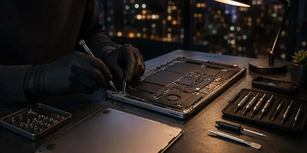 Technician repairing a MacBook Pro charging port at iCrack Merthyr in Merthyr Tydfil.