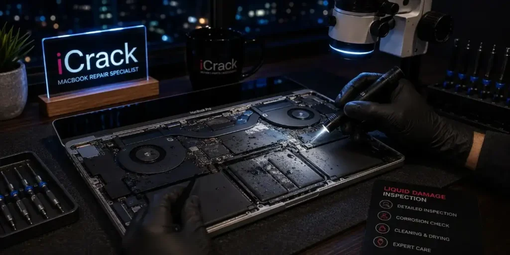 Technician inspecting liquid damage inside a MacBook Pro .