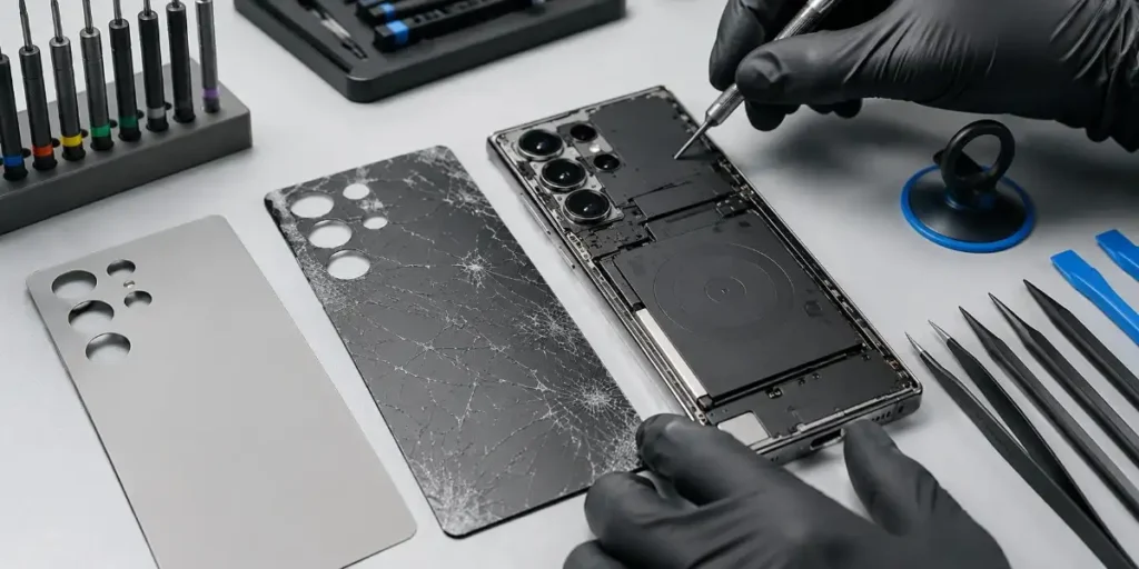 Technician replacing the cracked back glass on a Samsung Galaxy phone in Merthyr Tydfil