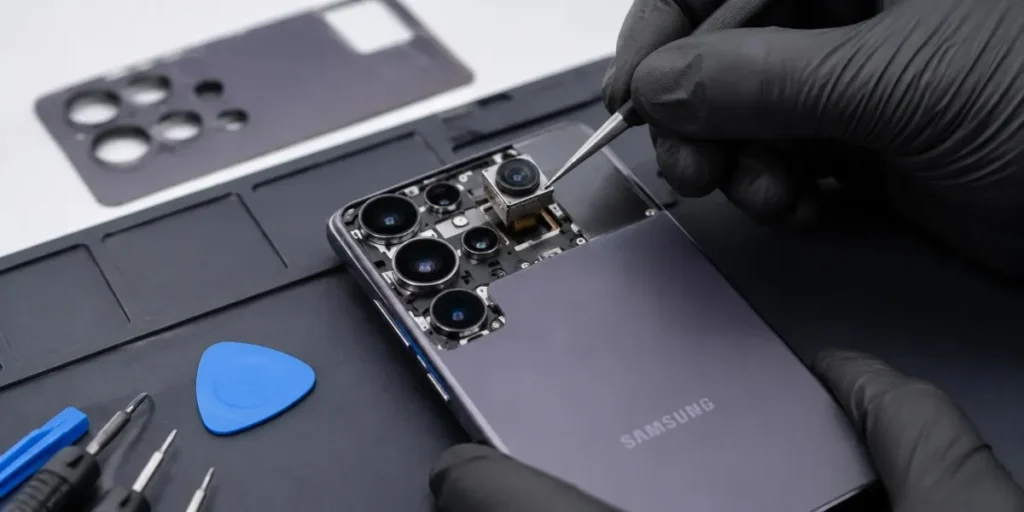 Technician repairing the rear camera module on a Samsung Galaxy phone in Merthyr Tydfil