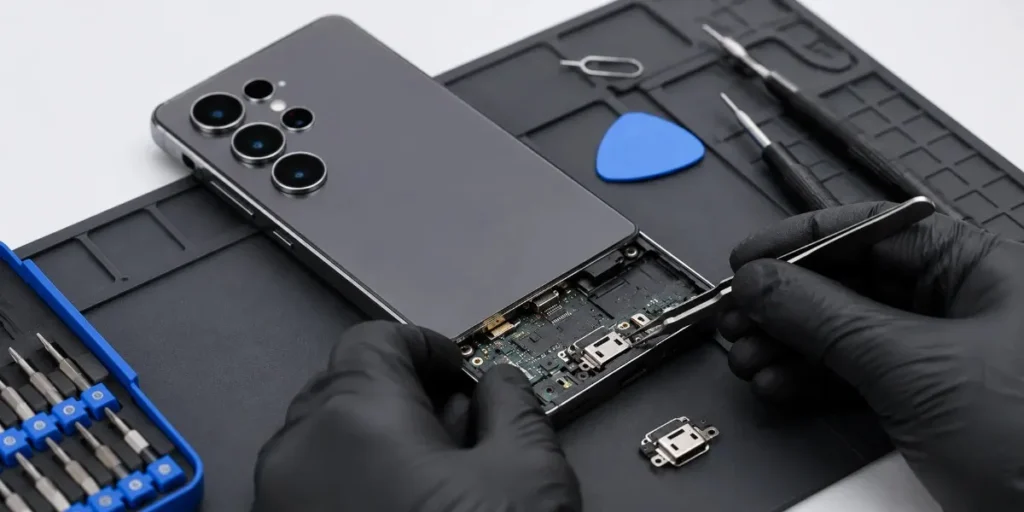 Technician repairing the charging port on a latest Samsung Galaxy smartphone using professional tools