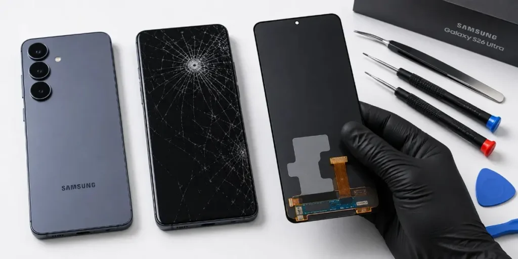 Samsung phone with cracked screen beside a replacement display and professional repair tools