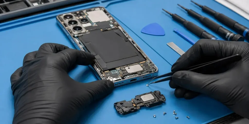 Technician repairing the speaker and microphone components of a Samsung Galaxy phone in Merthyr Tydfil