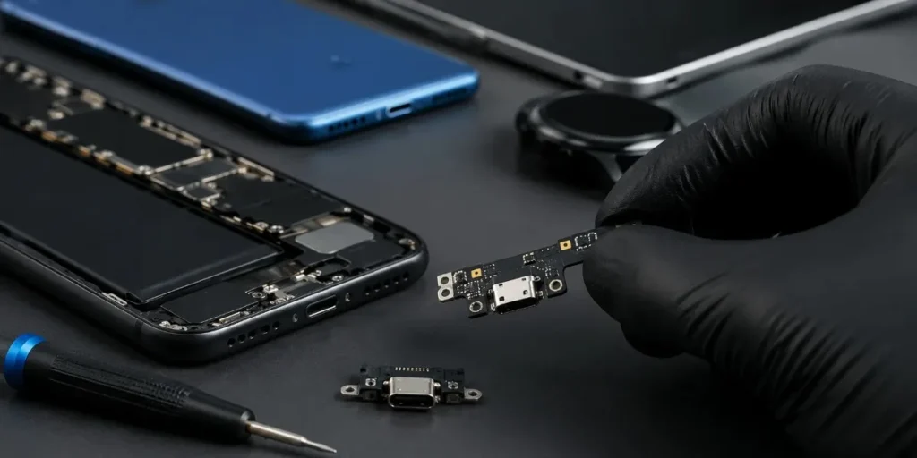 charging port replacement components for smartphones, tablets and laptops at iCrack Merthyr repair shop.