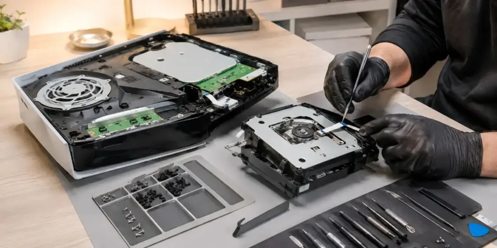 repairing the disc drive of a gaming console at iCrack Merthyr Tydfil.