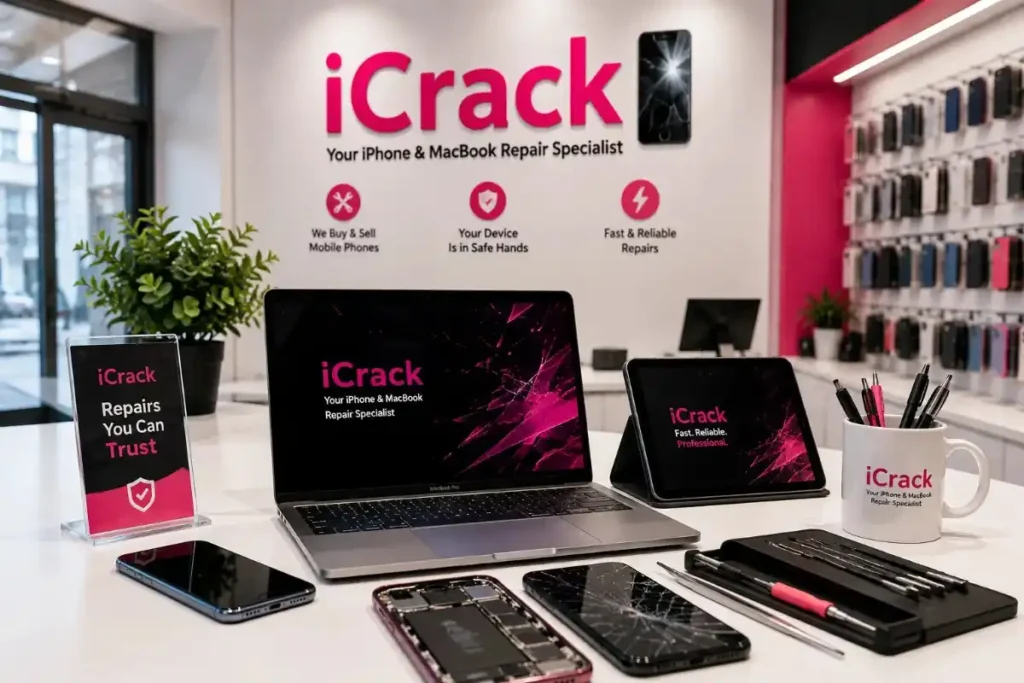 Professional phone, laptop, MacBook and iPad repair shop in Merthyr Tydfil with modern repair workspace